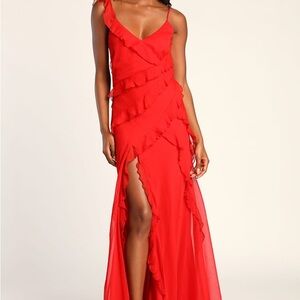 Lulus Tier Desire Red Tiered Ruffled Lace-Up Maxi Dress (SMALL)